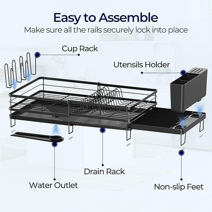 Large Dish Drying Rack, Expandable Dish Rack for Kitchen Counter, Dish Drainer with Drainboard Set, Multifunctional Dishrack with Utensil & Cup Holder, 13.4"-28.7" L x 11.8" W x 7.8" H, Black