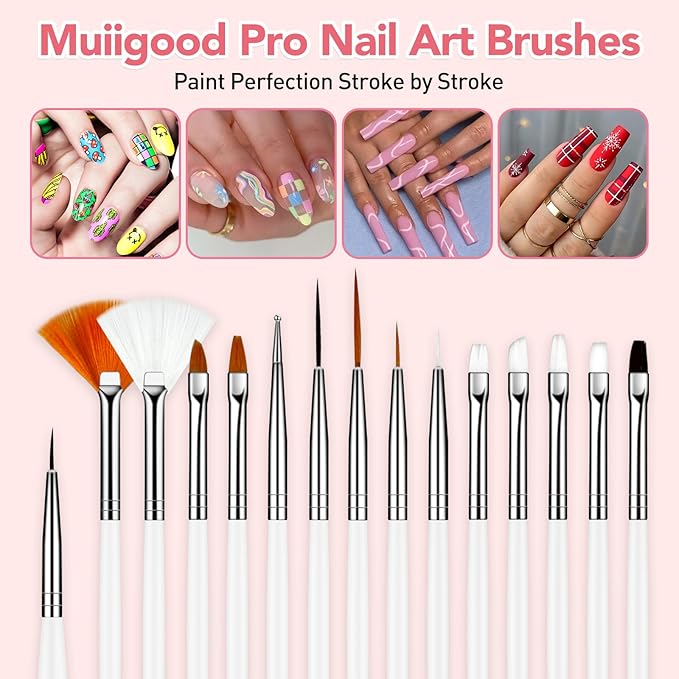 MUIIGOOD White Nail Art Brush 22 Pcs Set, 2 Head Acrylic Silicone Engraving Dotting Pen Tools Dust Brush, Striping Liner Drawing Pens, Resin Palette, for Nail Art DIY Home Salon Makeup Display Board