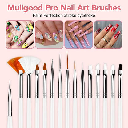 MUIIGOOD White Nail Art Brush 22 Pcs Set, 2 Head Acrylic Silicone Engraving Dotting Pen Tools Dust Brush, Striping Liner Drawing Pens, Resin Palette, for Nail Art DIY Home Salon Makeup Display Board