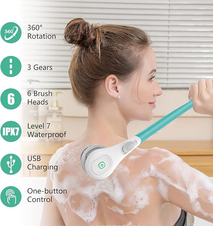 Longzhuo Electric Back Scrubber for Shower with 6 Brush Heads, Rechargeable Bath Brush, Electric Body Scrubber with Long Handle, for Cleanse, Massage, Exfoliate and Pamper Your Skin (Sapphire Blue)