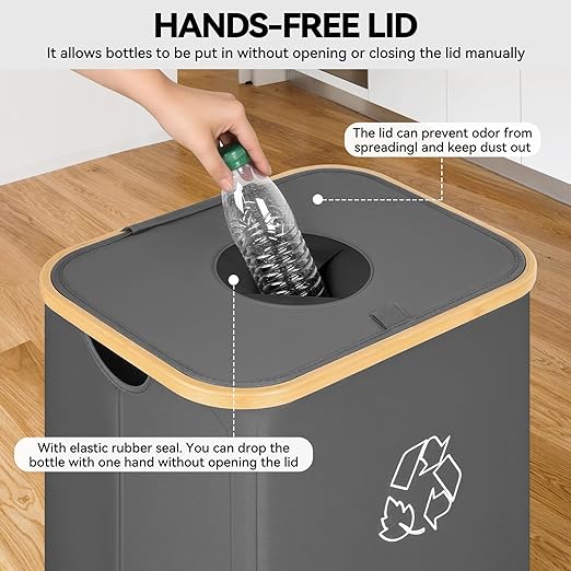 Recycling Bin for Kitchen, 26 Gallon 100L Indoor Home Recycle Bin with Lid and 2 Removeable Reusable Inner Bags, for Bottles, Cans, Glass, Plastic & Stickers, Grey