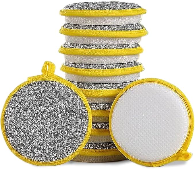 Double-Sided Non-Scratch Dish Sponge Scrubber - Reusable Round Scouring Pads for Dishes, Pots & Pans, Kitchen Sink Cleaning Tool (10)
