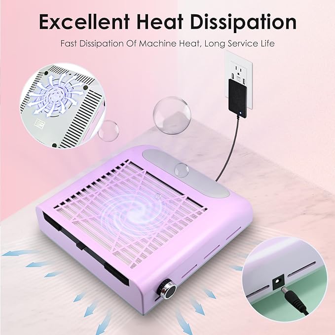 Nail Dust Collector with Reusable Filter & Brush, 80W Powerful Adjustable Electric Nail Fan Dust Vacuum Suction Extractor for Acrylic Gel Nails Polishing Manicure Tool, Low Noise