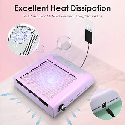 Nail Dust Collector with Reusable Filter & Brush, 80W Powerful Adjustable Electric Nail Fan Dust Vacuum Suction Extractor for Acrylic Gel Nails Polishing Manicure Tool, Low Noise