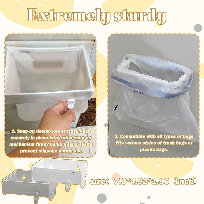 2-Pack Over the Cabinet Trash Bag Holder, Stainless Steel Hanging Garbage Organizer for Kitchen Cabinet Door, Portable Grocery Bag Support for Under Sink, RV, Bathroom and Pantry, White
