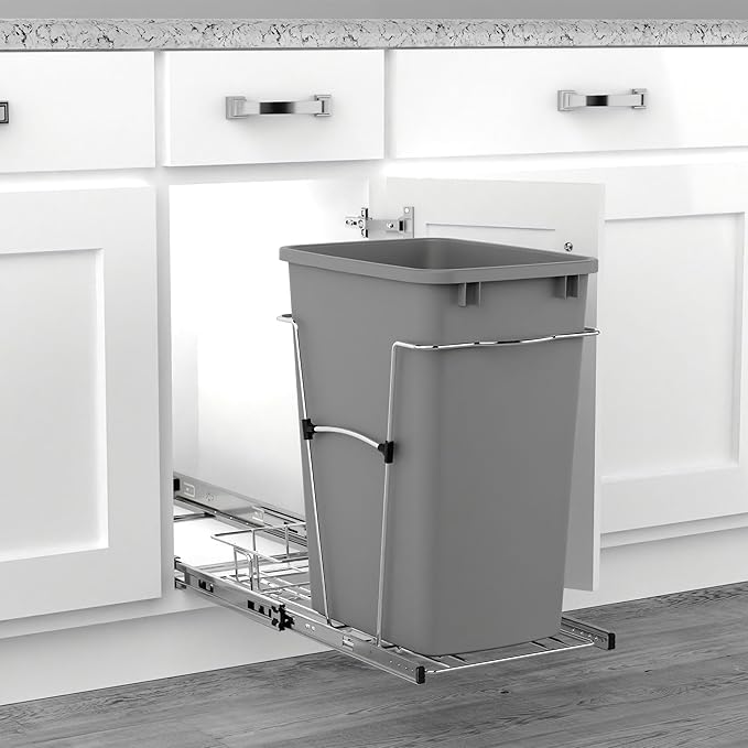 Rev-A-Shelf Single 35 Qt Pullout Trash Can for Base Kitchen Cabinets, Garbage Waste Bin System with Full Extension Slides, Min Opening Width of 11.5", Metallic Silver, RV-12KD-17C S