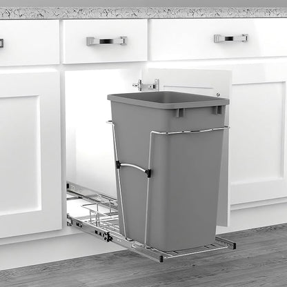 Rev-A-Shelf Single 35 Qt Pullout Trash Can for Base Kitchen Cabinets, Garbage Waste Bin System with Full Extension Slides, Min Opening Width of 11.5", Metallic Silver, RV-12KD-17C S