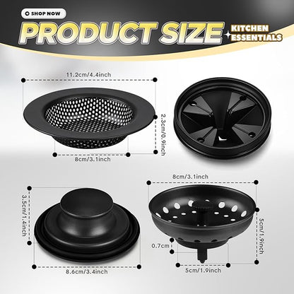 4 Pcs Matte Black Kitchen Sink Accessories Garbage Disposal Splash Guards 3.4'' Sink Drain Strainer and Stopper Stainless Steel Garbage Disposal Plug for Kitchen Drain Strainer