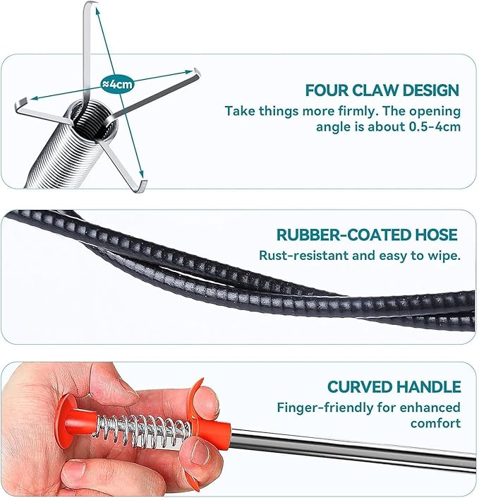 23 Inch Drain Snake Toilet Snake, 4-Claw Flexible Grabber Claw, Metal Core Pipe-Safe Clog Remover & Pick Up Small Items for Sink Shower Tub Kitchen