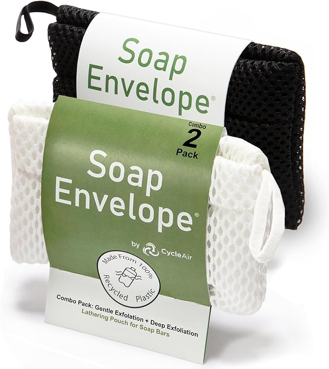 Soap Bag 100% Recycled - Soap Saver Pouch, Loofah Bath Scrubber for Bar Soap + Exfoliator (2-Pack Combo, Gentle and Deep Exfoliation)