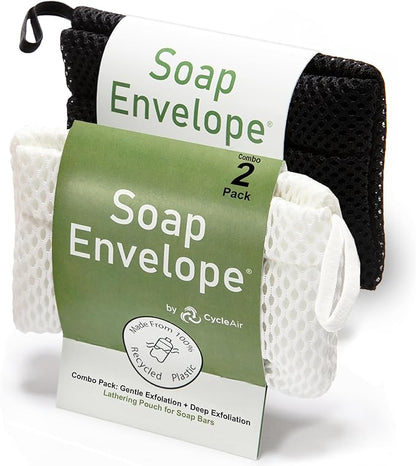 Soap Bag 100% Recycled - Soap Saver Pouch, Loofah Bath Scrubber for Bar Soap + Exfoliator (2-Pack Combo, Gentle and Deep Exfoliation)