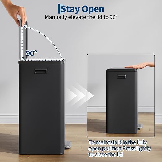 16 Gallon/60 L Dual Trash Can, Stainless Steel Garbage Can with Soft-Close Lid & Step Pedal, 2 x 8 Gallon Commercial Double Recycling Bin with 2 Removable Inner Buskets for Kitchen Office, Black