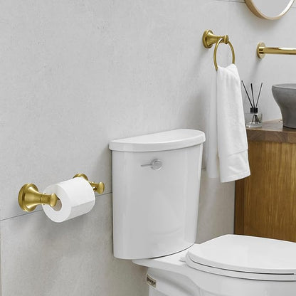 RUMOSE Toilet Paper Holder and Hand Towel Ring Brushed Gold Wall Mount Bathroom Hardware Accessories 2 PCS Set Flexible Pivoting Toilet Tissue Roll Holder and Towel Hanger, Stainless Steel