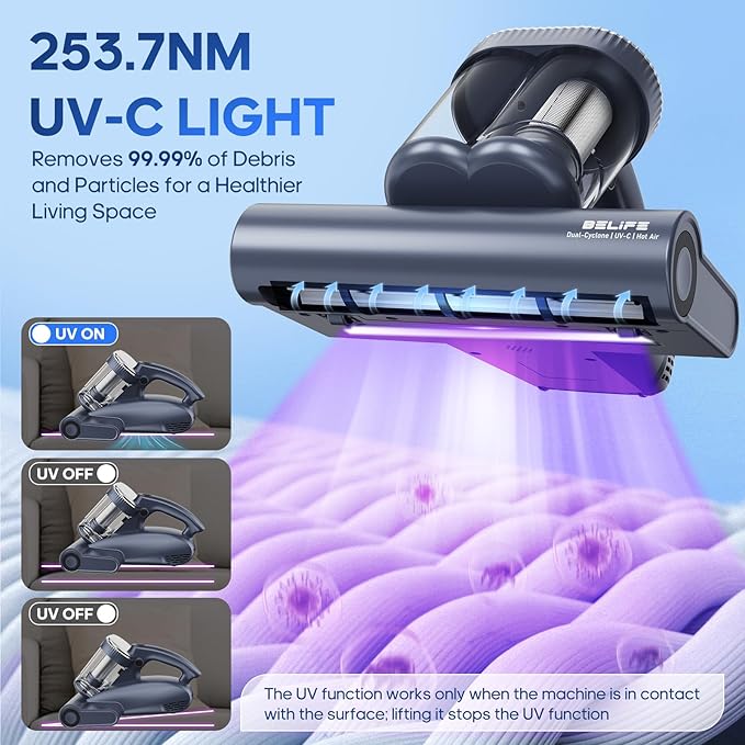 Belife M11 Mattress Vacuum Cleaner, 18Kpa 500W Handheld Bed Vacuum with UV & Hot Air, Dual Cyclone HEPA Filtration High-Frequency Tapping for Deep Cleaning Dust, Pet Hair Sofa Pillows, Corded