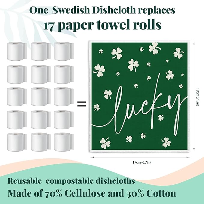 Lucky Wishes Swedish Dishcloths for Kitchen, Green Swedish Dish Cloths for Four-Leaf Clover, 4 Pack Dish Towels for Kitchen, Papaya Reusable Paper Towels Washable
