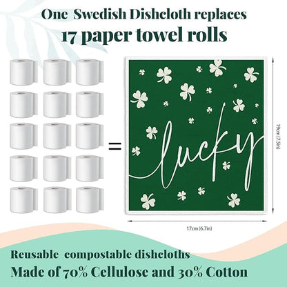 Lucky Wishes Swedish Dishcloths for Kitchen, Green Swedish Dish Cloths for Four-Leaf Clover, 4 Pack Dish Towels for Kitchen, Papaya Reusable Paper Towels Washable