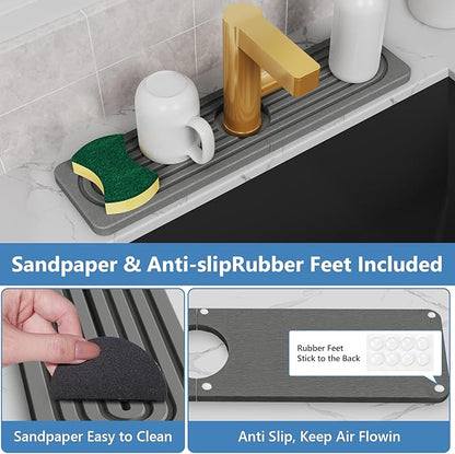 24'' Longer Stone Faucet Mat for Kitchen Sink [Super Absorbent, 30s Quick Drying] Water Absorbing Stone Tray for Sink Stone Mat for Kitchen Sink Stone Quick Dry Around Faucet Diatomite Stone Sink Tray