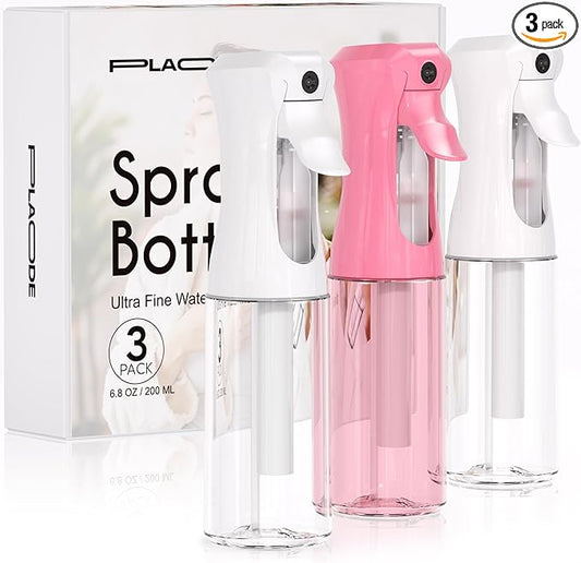 3 Pack Spray Bottle for Hair - Continuous Hair Spray Bottles Refillable Mister Sprayer for Hairstyling, Plants, Pets, Skincare, Cleaning (6.8 OZ/200ML, Pink+White+White)