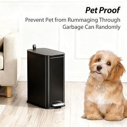 Small Bathroom Trash Can with Lid Soft Close, Step Pedal, 1.6 Gallon Black Stainless Steel Garbage Can with Removable Inner Bucket, Includes 60 Trash Bags for Home Bedroom