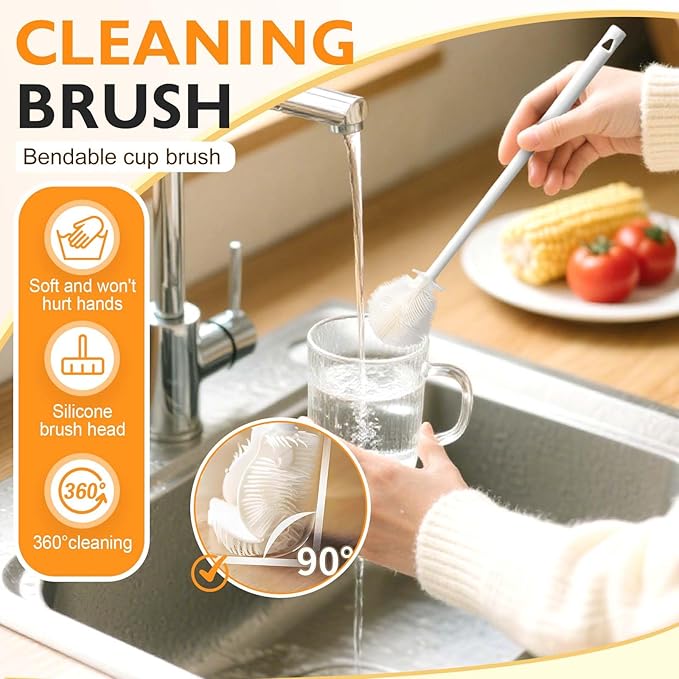 360° Flexible Silicone Bottle Brush with Long Handle, 2025 New Bottle Cleaning Brush, Deep Cleaning Brush for Narrow Neck Bottles, Water Bottles, Baby Bottles, Flasks Soft Bottle Brush (2PC)