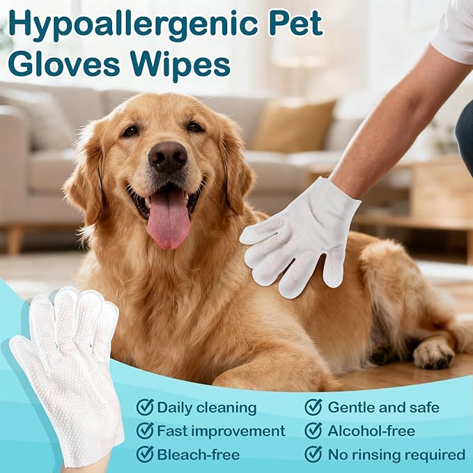 RAINFLOW 8PCS Pet Glove Wipes for Dogs Individual Pet Cleaning Gloves,Gentle Hydrating & Nourish Fur,Grooming Gloves for Dog & Cat Fur Horse Coat Care，Pet Bathing Wipes for Daily Care,Travel