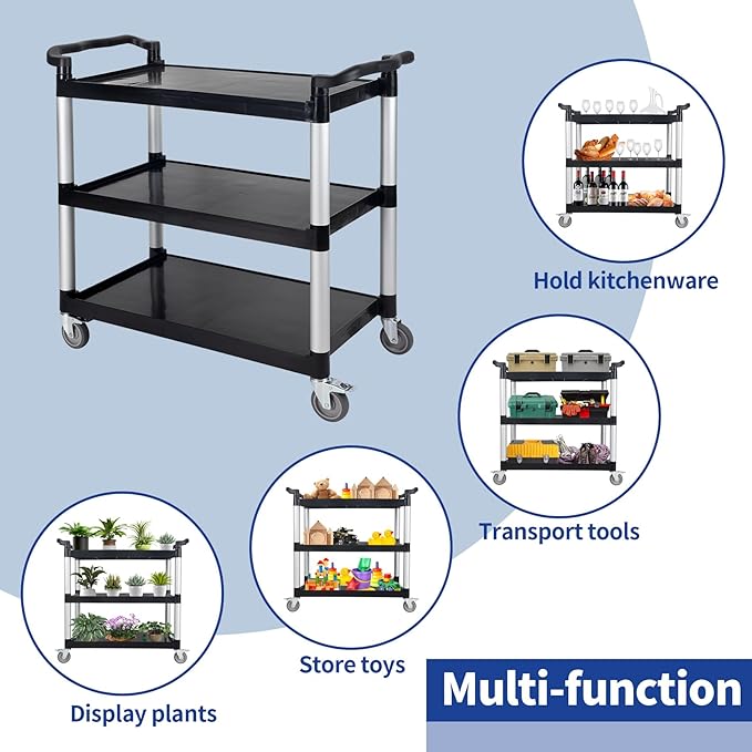 UNICOO® Heavy Duty 3-Tier Rolling Cart, Service Utility Cart on Wheels, 550lbs Capacity, Lockable & Silent Wheels, Anti-Rust, Easy Clean for Restaurant, Office, Dorm, Garage, Kitchen Storage