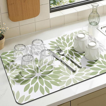 Findosom Floral Dish Drying Mat, 16" x 18" Super Absorbent & Hide Stain Coffee Mat, Cuttable Drying Mat for Kitchen Counter, Under Dish Rack, Coffee Maker, Espresso Machine, Sage Green
