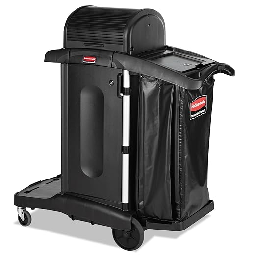 Rubbermaid Commercial High Security Housekeeping Janitorial Cart with Wheels, Black Vinyl Bag, Locking Hood and Cabinets for Commercial Facilities, 53.5" H x 48.25" L X 22" W, Black