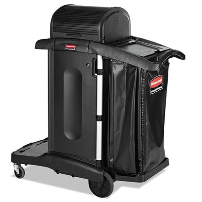 Rubbermaid Commercial High Security Housekeeping Janitorial Cart with Wheels, Black Vinyl Bag, Locking Hood and Cabinets for Commercial Facilities, 53.5" H x 48.25" L X 22" W, Black