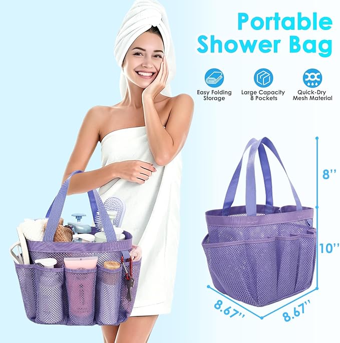 Fammart Mesh Shower Caddy Portable for College Dorm Room Essentials, 8-Pocket Large Shower Basket Tote Bag with 2 Handles for Toiletry, Bathroom, Beach, Camp, Gym