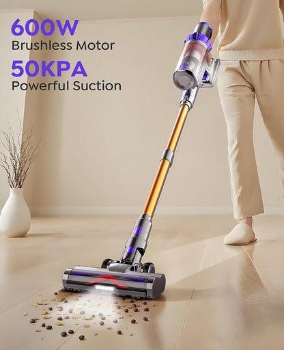 Cordless Vacuum Cleaner, 600W 50KPA 70Min Vacuum Cordless Stick Vacuum Cleaner with Self-Standing and Touch Screen, Anti-tangle Wireless Vacuum, Vacuum Cleaners for Home/Pet Hair/Carpets/Floors