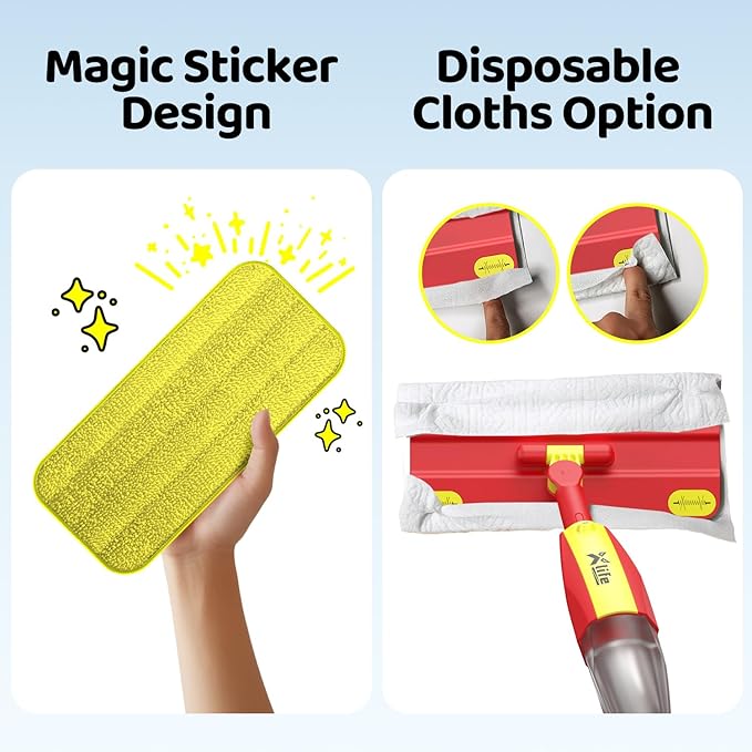 Xlife Kids Spray Mop Set - Montessori Toy for Ages 4-8 Real Water Sprayer & Sweeper Combo, Pretend Play Housekeeping Kit, Washable Pads (Red)