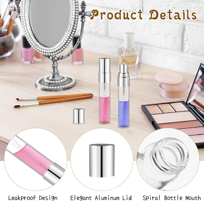 50 Pcs 5ml/0.17oz Fine Mist Glass Bottle Mini Transparent Spray Vials Empty Refillable Perfume Bottles for Cosmetic Perfume Liquid Sample DIY Sprays - Silver Lids