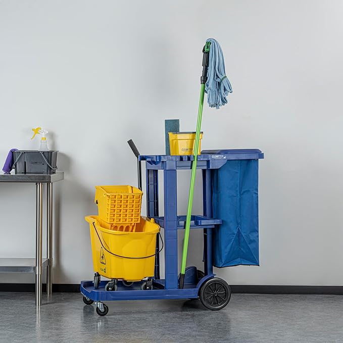 Restaurantware-Clean Tek Professional Janitor Cart with Wheels, 1 Cleaning Trolley with Cover and 18 Gallon Bag - 3 Shelves, Heavy-Duty, Blue Plastic Commercial Janitorial Cart, for Restaurants