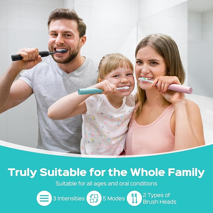 COSLUS C30 Electric Toothbrush for Adults & Kids: 3 Intensities & 5 Modes for Effective Yet Gentle Ultra-Clean Feel, 2 Types of Heads for Gentle & Daily Care, Travel & Family Use, Purple, 1PC