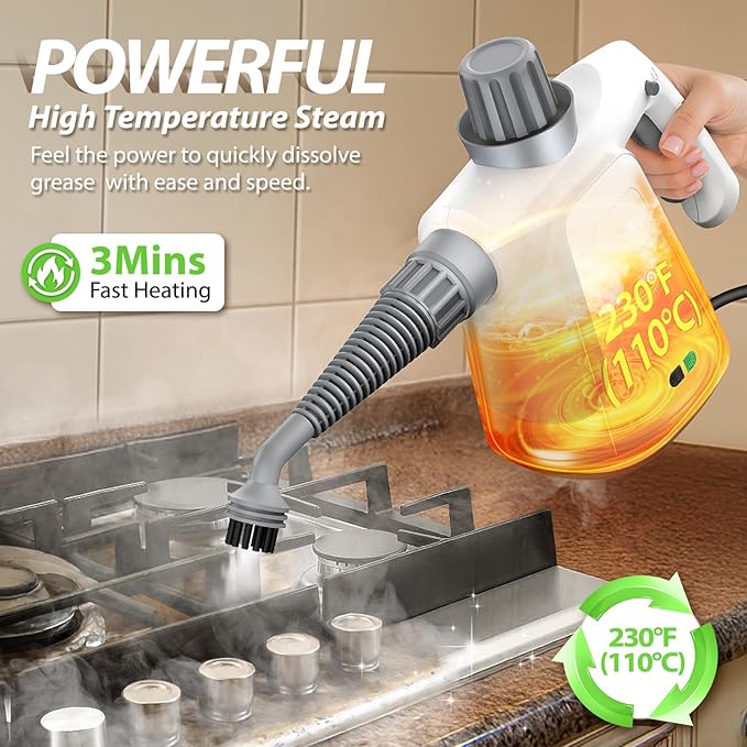 Steam Cleaner Handheld, 1300W High Pressure Natural Steamer with 450ml Large Tank & Hands-Free Lock, 14-Piece Steam Cleaner Pro Toolkit for Home, Kitchen, Car, Tile, Grout, Grill & Upholstery