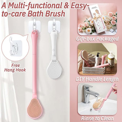 Back Scrubber for Shower & Silicone Bath Glove Set, 19’’ Detachable Long Handle Body Scrubber Wet or Dry Brush, Adjustable 2-in-1 Back & Body Brush with Soft Bristles for Deep Cleaning(White)