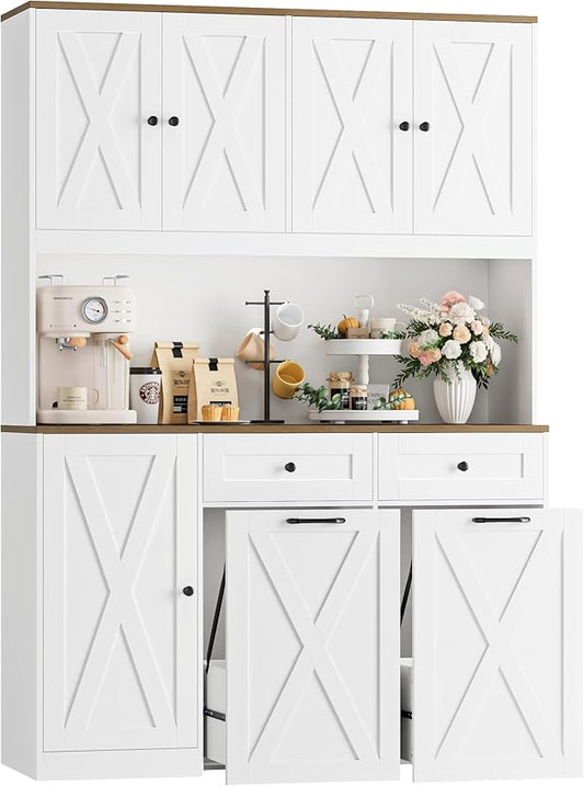HOSTACK 71"H Kitchen Trash Can Cabinet, 12.5 Gallon Double Pull Out Garbage Can Hutch Cabinet with Trash Bin Storage Holders, 47" Wide Kitchen Pantry with Hidden Garbage Storage for Dining Room, White