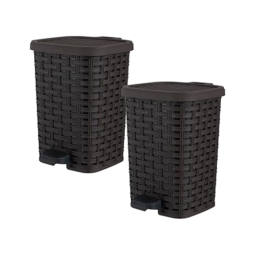 Superio Mini Trash Can with Foot Pedal Small Outdoor Garbage Can with Lid, 1.5 Gallon Plastic Waste Basket for Bathroom, Bedroom, Kitchen, Office, Patio (Wicker Brown 6 QT.), 2 Pack