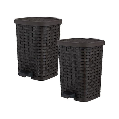 Superio Mini Trash Can with Foot Pedal Small Outdoor Garbage Can with Lid, 1.5 Gallon Plastic Waste Basket for Bathroom, Bedroom, Kitchen, Office, Patio (Wicker Brown 6 QT.), 2 Pack
