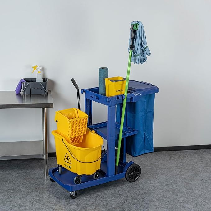 Restaurantware-Clean Tek Professional Janitor Cart with Wheels, 1 Cleaning Trolley with Cover and 18 Gallon Bag - 3 Shelves, Heavy-Duty, Blue Plastic Commercial Janitorial Cart, for Restaurants