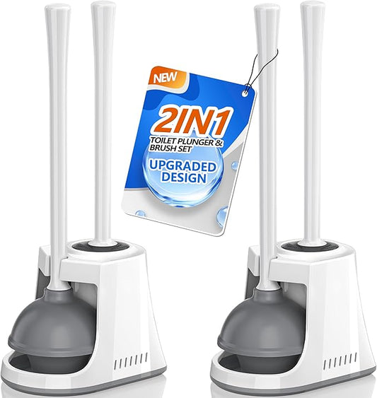 LOVLOY Toilet Plunger and Brush, Bowl Brush and Heavy Duty Toilet Plunger Set with Ventilated Holder, 2-in-1 Toilet Brush and Plunger Combo for Bathroom Cleaning (2, White)