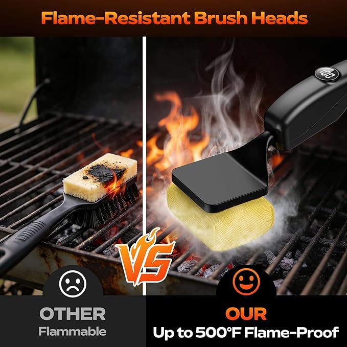 Reciprocating Electric Grill Brush, Bristle-Free Grill Brush for Outdoor Grill, BBQ Grill Brush, Grill Cleaner with 3 Replaceable Brush Heads, No Splash, Effort-Saving, Deep Cleaning, Black