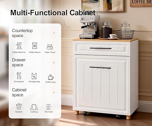ZIFTY Double 2×10 Gallon Pull Out Trash Can Cabinet, Pet Proof Freestanding Kitchen Trash Bin Cabinet with Drawer, Wooden Garbage Recycling, Laundry Hamper, Modern Farmhouse Waste Bin Furniture, White