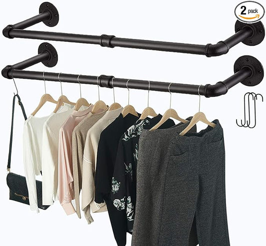 Industrial Pipe Clothes Rack with 3 S-Shaped Hooks, 36’'L Wall Mounted Garment Rack, Heavy Duty Iron Garment Bar, Clothes Hanging Rod Bar for Laundry Room, Max Load 135Lb Black (2 Package)