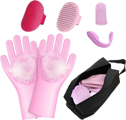 7 PCS Pet Grooming Kit for Dogs and Cats | Dog Washing Gloves | Dog Bath Brush | Cleanroom Gloves | Dog Shampoo Brush | Finger Toothbrushes | Storage Bag | All-in-One Pet Care (Pink)