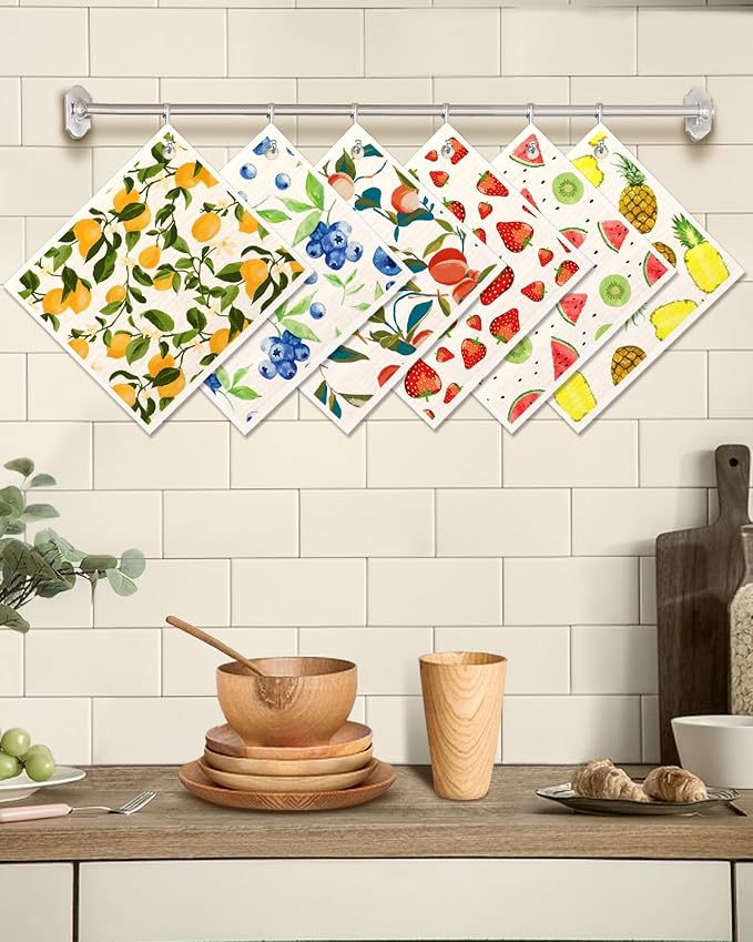 Miss Adola 6 Pack Swedish Dishcloths for Kitchen - Reusable Dish Cloths for Washing Dishes Absorbent Cute Funny Kitchen Towels Cleaning Sponge, Lemon Fruit