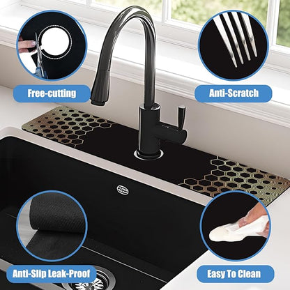 Sink Splash Guard Faucet Mat Black Gold Honeycomb Absorbent Fast Drying Mat Sink Gadgets Splash Guard Behind Faucet Drip Catcher for Kitchen Bathroom 23.5"X5.5"