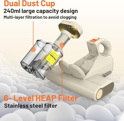 Mattress Vacuum Cleaner,16Kpa Suction with 253.7nm UV-C Light Bed Vacuum, 4400 Beats/Min,140℉ Heat Dry,Double-Cup Handheld Vacuums for BedCouch,Carpet,HEPA Filter System-Corded(White)