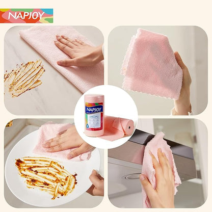 Napjoy Microfiber Cleaning Cloth Roll, 75PK Easy Tear Away Reusable Paper Towels, 12" x 12", Lint-Free and Scratch-Free with Patented Fiber Technology Microfiber Towel Roll, Pink